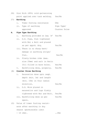 26)   Zinc Rich (90%) cold galvanising
      paint applied over tack welding.     Yes/No
27)   Earthing
      i.    Tower footing resistance       Ohm
      ii.   Type of earthing               Pipe Type/
            approved                       Counter Poise
A.    Pipe Type Earthing
      i.    Earthing provided on Leg `A'   Yes/No
      ii.   G.S. Pipe, flat tightened
            with Nut & Bolt and placed
            as per apprd. drg.             Yes/No
      iii. There is no sharp bent/
            damage in earthing strips/
            flat.                           Yes/No
      iv.   Finely broken coke (max.
            size 25mm) and salt in Ratio
            10:1 filled in bore holes.     Yes/No
      v.    Backfilling done, properly.    Yes/No
(B)   Counter Poise Earthing
      i.    Excavation done upto reqd.
            depth (min. 1m) and length
            (min. 15m) in four radial
            direction.                     Yes/No
      ii.   G.S. Wire placed in
            excavation and lugs firmly
            tightened with Nut and Bolt.   Yes/No
      iii. Backfilling done as per         Yes/No
            specn.
(C)   Value of tower footing resist-
      ance after earthing in dry
      season (permissible limit
      - 10 ohm).                           ..Ohm
 