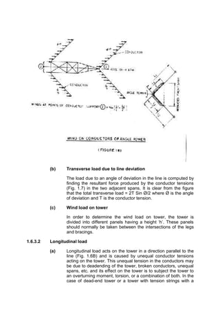 (b)    Transverse load due to line deviation

                 The load due to an angle of deviation in the line is computed by
                 finding the resultant force produced by the conductor tensions
                 (Fig. 1.7) in the two adjacent spans. It is clear from the figure
                 that the total transverse load = 2T Sin Ø/2 where Ø is the angle
                 of deviation and T is the conductor tension.

          (c)    Wind load on tower

                 In order to determine the wind load on tower, the tower is
                 divided into different panels having a height ‘h’. These panels
                 should normally be taken between the intersections of the legs
                 and bracings.

1.6.3.2   Longitudinal load

          (a)    Longitudinal load acts on the tower in a direction parallel to the
                 line (Fig. 1.6B) and is caused by unequal conductor tensions
                 acting on the tower. This unequal tension in the conductors may
                 be due to deadending of the tower, broken conductors, unequal
                 spans, etc. and its effect on the tower is to subject the tower to
                 an overturning moment, torsion, or a combination of both. In the
                 case of dead-end tower or a tower with tension strings with a
 