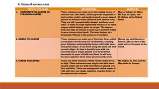 TYPE OF VOLCANO DESCRIPTION EXAMPLES
1. COMPOSITE VOLCANOES OR
STRATOVOLCANOES
These volcanoes are made up of alternating layers of
volcanic ash, lava flows, cinders (porous fragments of
dark molten rocks), and bombs (round or pear-shaped
masses of volcanic rocks solidified from molten lava).
They are tall, symmetrically shaped, and have steep
sides. It tends to erupt explosively because of its thick
magma which hinders gases to escape. The magma
from this type of volcano is made up of andesite which
is more viscous than basalt. The main feature of a
Composite Volcano is the presence of conduits.
Mayon Volcano at Albay;
Mt. Fuji at Japan; and
St. Helens at the United
States
2. SHIELD VOLCANOES These volcanoes are made up of fluid lava flows which
accumulate over the years in all direction, covering
great distances and producing domes with wide bases
and gentle slopes. It can form along hot spots and mid-
oceanic ridges. Its lava is basaltic type with low
viscosity thus it erupts quietly. It is formed from
thousands of years of fluid lava flows. It will only
become explosive when water penetrates the vent.
Mauna Loa and Kilauea in
Hawaii, USA are two of the
most active volcanoes in the
world.
3. CINDER VOLCANOES These are small volcanoes which rarely exceed 304.8
m high. These volcanoes have single vent with bowl-
shaped crater and are built from blobs of ejected lava
that solidifies. These are monogenetic which means it
will only have one single explosive eruption before it
becomes inactive volcano.
Mt. Dakula in Jolo; and Mt.
Mayabobo in Quezon
B. Shape of volcanic cone
 