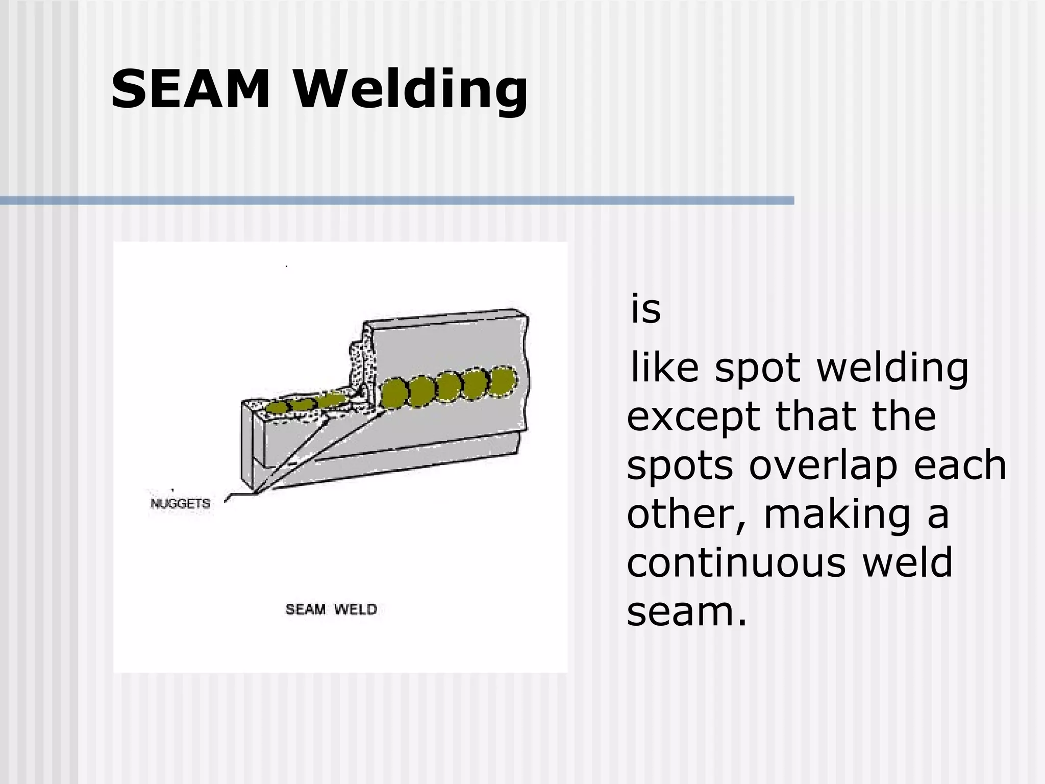 SEAM Welding 
is 
like spot welding 
except that the 
spots overlap each 
other, making a 
continuous weld 
seam. 
 