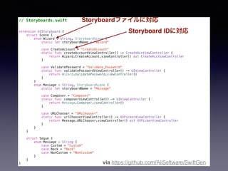 // Storyboards.swift
extension UIStoryboard {
struct Scene {
enum Wizard : String, StoryboardScene {
static let storyboardName = "Wizard"
case CreateAccount = "CreateAccount"
static func createAccountViewController() -> CreateAccViewController {
return Wizard.CreateAccount.viewController() as! CreateAccViewController
}
case ValidatePassword = "Validate_Password"
static func validatePasswordViewController() -> UIViewController {
return Wizard.ValidatePassword.viewController()
}
}
enum Message : String, StoryboardScene {
static let storyboardName = "Message"
case Composer = "Composer"
static func composerViewController() -> UIViewController {
return Message.Composer.viewController()
}
case URLChooser = "URLChooser"
static func urlChooserViewController() -> XXPickerViewController {
return Message.URLChooser.viewController() as! XXPickerViewController
}
}
}
struct Segue {
enum Message : String {
case Custom = "Custom"
case Back = "Back"
case NonCustom = "NonCustom"
}
}
}
Storyboard IDˌ
Storyboardեˌ
via https://github.com/AliSoftware/SwiftGen
 