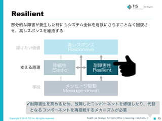 Copyright © 2015 TIS Inc. All rights reserved. 13
Resilient
部分的な障害が発生した時にもシステム全体を危険にさらすことなく回復さ
せ、高レスポンスを維持する
高レスポンス  
Responsive
伸縮性  
Elastic
耐障害性  
Resilient
メッセージ駆動  
Message-driven
届けたい価値
手段
支える原理
Reactive	
  Design	
  Pattern(http://manning.com/kuhn/)
✓耐障害性を高めるため、故障したコンポーネントを修復したり、代替
となるコンポーネントを再接続するメカニズムが必要
 