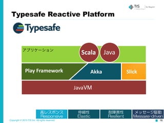 Copyright © 2015 TIS Inc. All rights reserved. 16
Typesafe Reactive Platform
JavaVM
アプリケーション
	
  AkkaPlay	
  Framework
Scala Java
Slick
高レスポンス  
Responsive
伸縮性  
Elastic
耐障害性  
Resilient
メッセージ駆動  
Message-driven
 