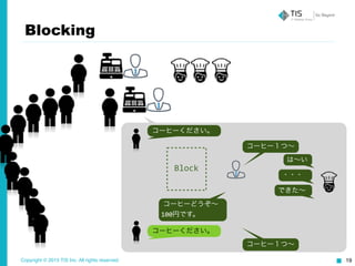 Copyright © 2015 TIS Inc. All rights reserved. 19
Blocking
コーヒーください。
コーヒー１つ∼
は∼い
できた∼
・・・
コーヒーどうぞ∼	
  
100円です。
コーヒーください。
コーヒー１つ∼
Block
 