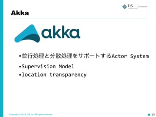 Copyright © 2015 TIS Inc. All rights reserved. 23
Akka
•並行処理と分散処理をサポートするActor	
  System	
  
•Supervision	
  Model	
  
•location	
  transparency
 