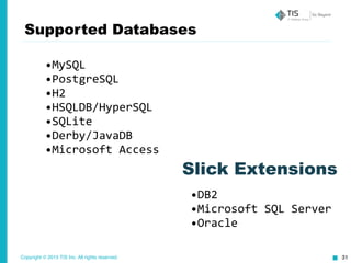 Copyright © 2015 TIS Inc. All rights reserved. 31
Supported Databases
•MySQL	
  
•PostgreSQL	
  
•H2	
  
•HSQLDB/HyperSQL	
  
•SQLite	
  
•Derby/JavaDB	
  
•Microsoft	
  Access
•DB2	
  
•Microsoft	
  SQL	
  Server	
  
•Oracle
Slick Extensions
 