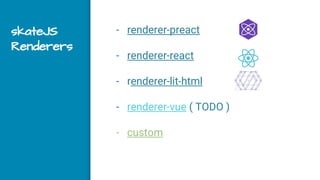 skateJS
Renderers
- renderer-preact
- renderer-react
- renderer-lit-html
- renderer-vue ( TODO )
- custom
 