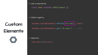 Custom
Elements
class User extends HTMLElement {}
// user.component.js
<sk-user></sk-user>
// index.html
// Global registry
window.customElements.define('sk-user', User)
window.customElements.get('sk-user') // User
 