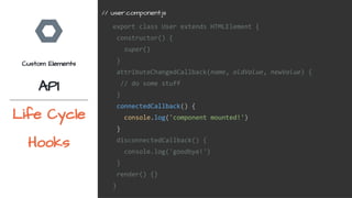export class User extends HTMLElement {
constructor() {
super()
}
attributeChangedCallback(name, oldValue, newValue) {
// do some stuff
}
connectedCallback() {
console.log('component mounted!')
}
disconnectedCallback() {
console.log('goodbye!')
}
render() {}
}
// user.component.js
Custom Elements
API
Life Cycle
Hooks
 