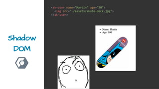Shadow
DOM
<sk-user name="Martin" age="30">
<img src="./assets/skate-deck.jpg">
</sk-user>
 