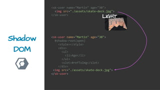 Shadow
DOM
<sk-user name="Martin" age="30">
<img src="./assets/skate-deck.jpg">
</sk-user>
<sk-user name="Martin" age="30">
#shadow-root(open)
<style></style>
<div>
<ul>
<li>Age</li>
</ul>
<slot>#refToImg</slot>
</div>
<img src="./assets/skate-deck.jpg">
</sk-user>
LIGHT
 