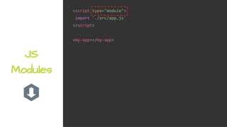 <script type="module">
import './src/app.js'
</script>
<my-app></my-app>
JS
Modules
 