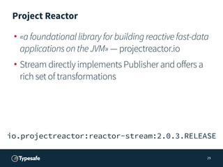 Project Reactor
• «afoundationallibraryforbuildingreactivefast-data
applicationsontheJVM» — projectreactor.io
• Stream dir...
