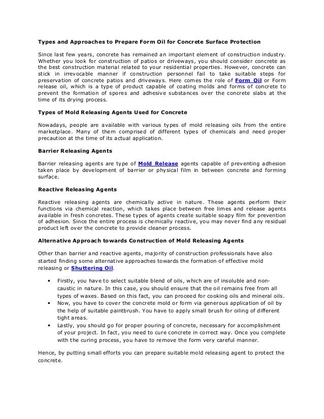 Types and approaches to prepare form oil for concrete surface protection