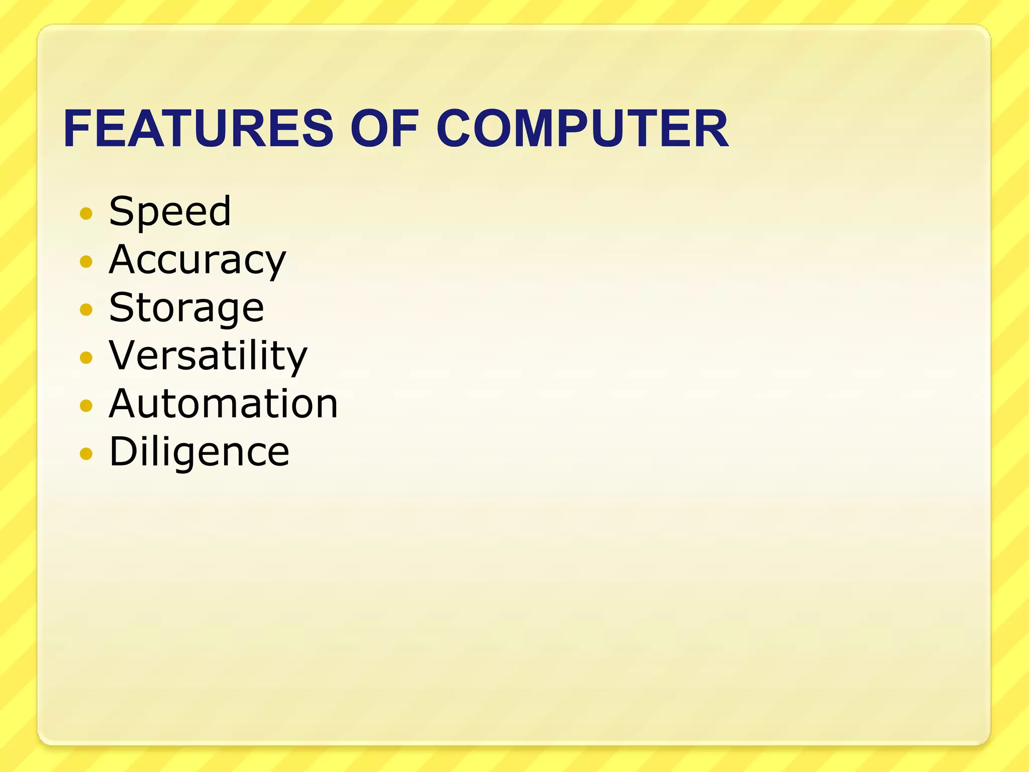 Types of Computers	Computers come in all sorts of shapes and sizes. Based on Capacity, speed and reliability computers can be divided into the following categories of computers:A palmtop computer is similar to a laptop computer, but smaller. It's small enough to fit in the palm of your hand (hence the name!). Palmtops are usually not very powerful since fast CPUs require a large battery and get hot - both problems in a small device. A 'laptop' computer is a light, compact and portable PC. Laptops contain a rechargeable battery so that they can be used even when not plugged in to a mains power supply. They also have a built-in LCD monitor.