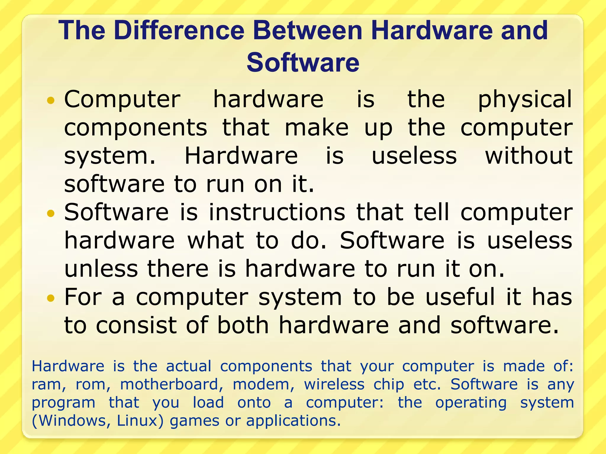 LIMITATIONS OF A COMPUTERComputer is as intelligent as is the program that runs it. Without a program computer is useless.Computer cannot detect wrong feeding of data.