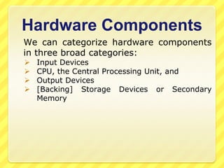 Simple Input/Output System   INPUT             PROCESS            OUTPUTWe get the output on the output unit.Input Unit is used to enter data into ComputerProcessing takes place in the processing unit. It has three main units-Memory, CU, ALU.