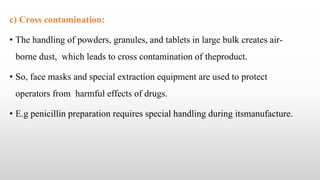c) Cross contamination:
• The handling of powders, granules, and tablets in large bulk creates air-
borne dust, which leads to cross contamination of theproduct.
• So, face masks and special extraction equipment are used to protect
operators from harmful effects of drugs.
• E.g penicillin preparation requires special handling during itsmanufacture.
 