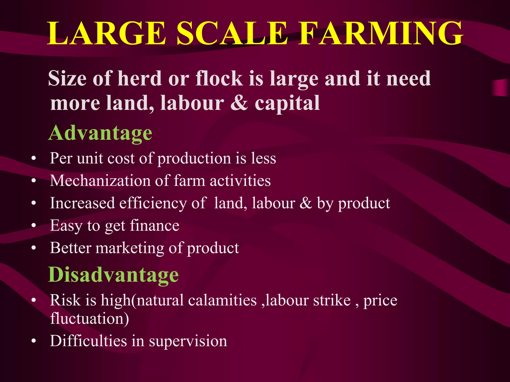LARGE SCALE FARMING
Size of herd or flock is large and it need
more land, labour & capital
Advantage
• Per unit cost of production is less
• Mechanization of farm activities
• Increased efficiency of land, labour & by product
• Easy to get finance
• Better marketing of product
Disadvantage
• Risk is high(natural calamities ,labour strike , price
fluctuation)
• Difficulties in supervision
 