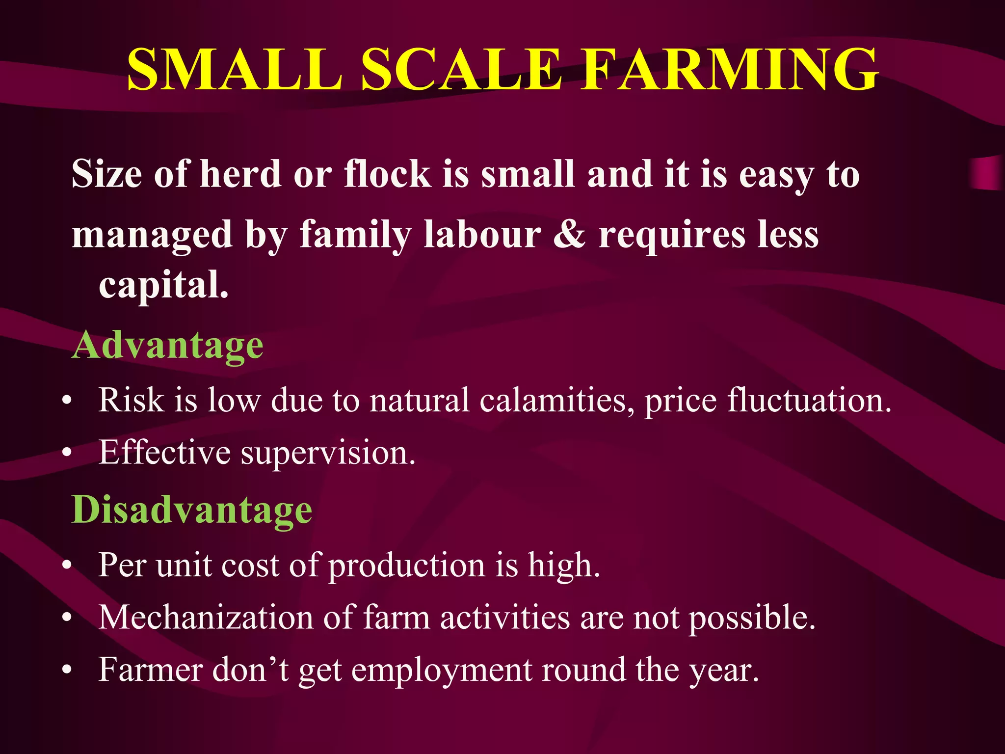 SMALL SCALE FARMING
Size of herd or flock is small and it is easy to
managed by family labour & requires less
capital.
Advantage
• Risk is low due to natural calamities, price fluctuation.
• Effective supervision.
Disadvantage
• Per unit cost of production is high.
• Mechanization of farm activities are not possible.
• Farmer don’t get employment round the year.
 