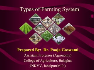 Types of Farming System
Prepared By: Dr. Pooja Goswami
Assistant Professor (Agronomy)
College of Agriculture, Balaghat
JNKVV, Jabalpur(M.P.)
 
