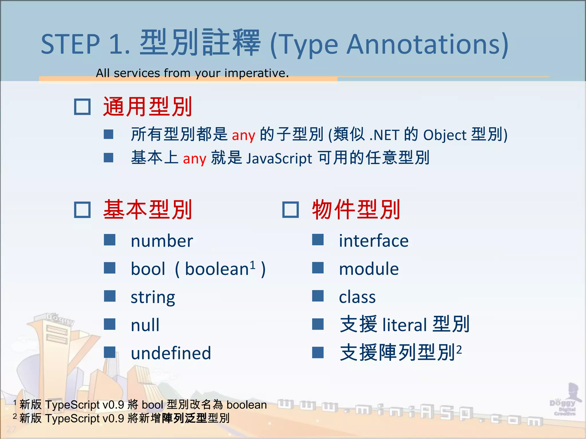 All services from your imperative.
27
STEP 1. 型別註釋 (Type Annotations)
 通用型別
 所有型別都是 any 的子型別 (類似 .NET 的 Object 型別)
 基本上 any 就是 JavaScript 可用的任意型別
 基本型別
 number
 bool ( boolean1 )
 string
 null
 undefined
 物件型別
 interface
 module
 class
 支援 literal 型別
 支援陣列型別2
1 新版 TypeScript v0.9 將 bool 型別改名為 boolean
2 新版 TypeScript v0.9 將新增陣列泛型型別
 