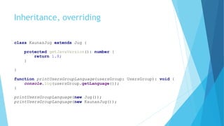Inheritance, overriding
class KaunasJug extends Jug {
protected getJavaVersion(): number {
return 1.8;
}
}
function printUsersGroupLanguage(usersGroup: UsersGroup): void {
console.log(usersGroup.getLanguage());
}
printUsersGroupLanguage(new Jug());
printUsersGroupLanguage(new KaunasJug());
 