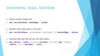 Statements, loops, functions
 Simple variable assignment
 var variableName: dataType = value;
 Variable which data type is a function
 var variableName: (paramName: dataType) => returnType = value;
 Complex data type (do not use such data types)
 var person: {name: string; surname: string; age: number,
isMale: () => boolean} = null;
 