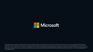 ©2015 Microsoft Corporation. All rights reserved. Microsoft, Windows, Office, Azure, System Center, Dynamics and other product names are or may be registered trademarks and/or
trademarks in the U.S. and/or other countries. The information herein is for informational purposes only and represents the current view of Microsoft Corporation as of the date of this
presentation. Because Microsoft must respond to changing market conditions, it should not be interpreted to be a commitment on the part of Microsoft, and Microsoft cannot guarantee
the accuracy of any information provided after the date of this presentation. MICROSOFT MAKES NO WARRANTIES, EXPRESS, IMPLIED OR STATUTORY, AS TO THE INFORMATION IN
THIS PRESENTATION.
 