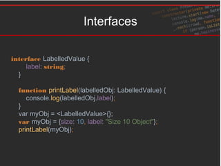Interfaces
interface LabelledValue {
label: string;
}
function printLabel(labelledObj: LabelledValue) {
console.log(labelledObj.label);
}
var myObj = <LabelledValue>{};
var myObj = {size: 10, label: "Size 10 Object"};
printLabel(myObj);
 