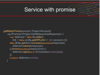 Service with promise
getMeterPoints(account: Project.IAccount)
:ng.IPromise<Project.IGetMeterpointsResponse> {
var deferred = this.$q.defer(),
link = this.config.getAPILink('id', {id: account.id});
this.$http.get(link).success(function(response){
deferred.resolve(response);
}).error(function(reason:Error) {
deferred.reject(new Error(reason.message));
});
return deferred.promise;
}
 
