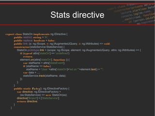Stats directive
export class StatsOn implements ng.IDirective {
public restrict: string = 'A';
public replace: boolean = false;
public link: (s: ng.IScope, e: ng.IAugmentedJQuery, a: ng.IAttributes) => void;
constructor(statsService:StatsService) {
StatsOn.prototype.link = (scope: ng.IScope, element: ng.IAugmentedJQuery, attrs: ng.IAttributes) => {
if (typeof attrs['statsOn'] == 'undefined')
return;
element.on(attrs['statsOn'], function () {
var statName = attrs['statsEvent'];
if (statName == false)
statName = 'User '+attrs['statsOn']+'ed on "'+element.text() + '"';
var data = ...;
statsService.track(statName, data);
});
};
}
public static Factory(): ng.IDirectiveFactory {
var directive: ng.IDirectiveFactory =
(ss:StatsService) => new StatsOn(ss);
directive['$inject'] = ['StatsService'];
return directive;
}
}
 