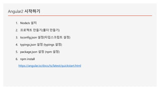 Angular2 시작하기
1. NodeJs 설치
2. 프로젝트 만들기(폴더 만들기)
3. tsconfig.json 설정(타입스크립트 설정)
4. typings.json 설정 (typings 설정)
5. package.json 설정 (npm 설정)
6. npm install
https://angular.io/docs/ts/latest/quickstart.html
 