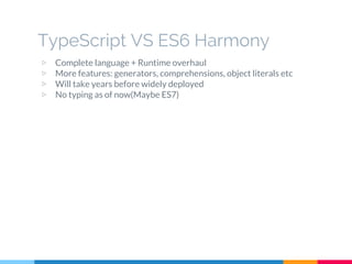 ▷ Complete language + Runtime overhaul
▷ More features: generators, comprehensions, object literals etc
▷ Will take years before widely deployed
▷ No typing as of now(Maybe ES7)
TypeScript VS ES6 Harmony
 