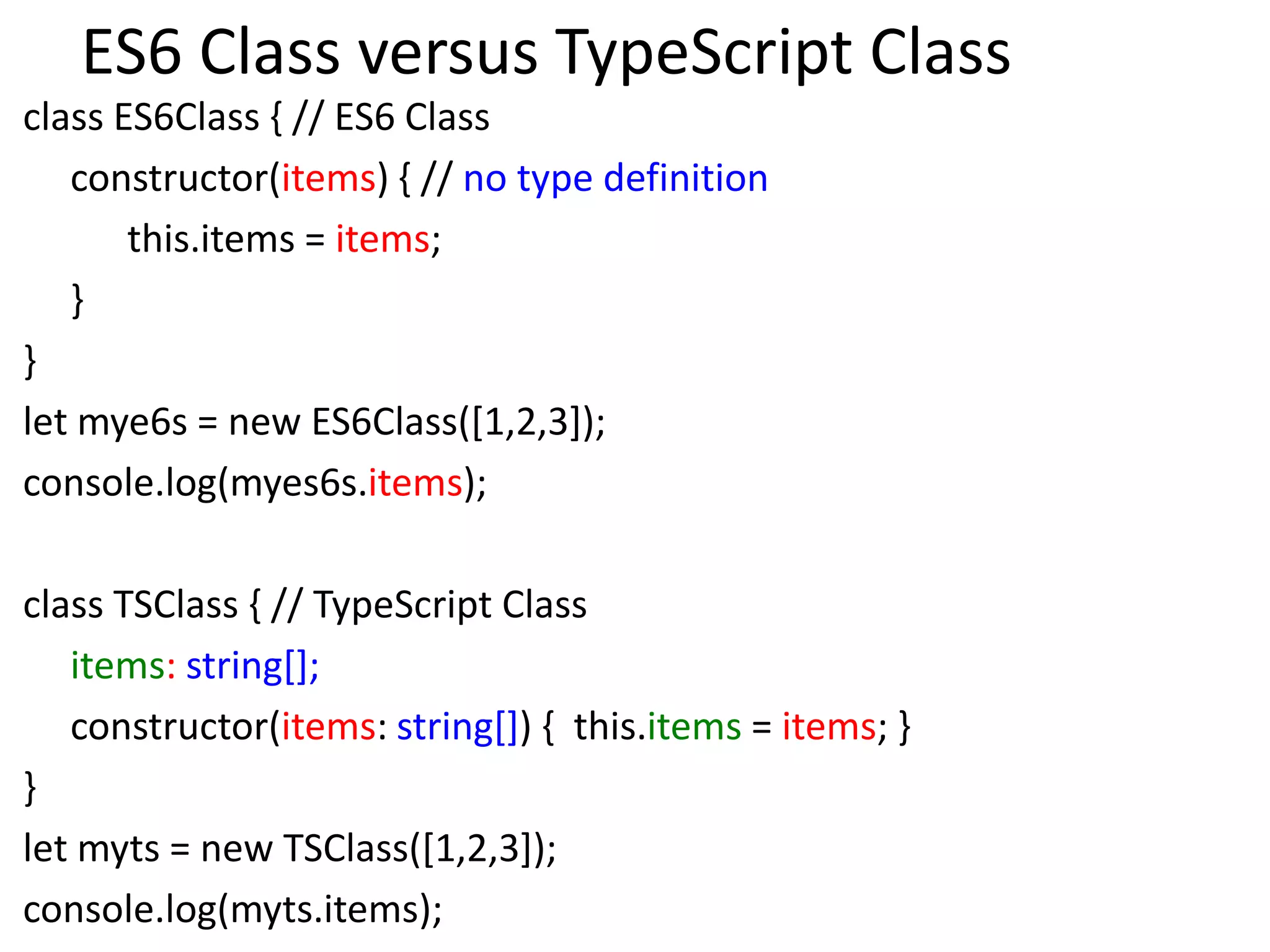 ES6 Class versus TypeScript Class
class ES6Class { // ES6 Class
constructor(items) { // no type definition
this.items = items;
}
}
let mye6s = new ES6Class([1,2,3]);
console.log(myes6s.items);
class TSClass { // TypeScript Class
items: string[];
constructor(items: string[]) { this.items = items; }
}
let myts = new TSClass([1,2,3]);
console.log(myts.items);
 