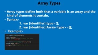 Array Types
• Array types define both that a variable is an array and the
kind of elements it contain.
• Syntax:-
1. var [identifier]:type=[];
2. var [identifier]:Array<type>=[];
• Example:-
 