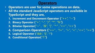 19
Operators
• Operators are user for some operations on data.
• All the standard JavaScript operators are available in
TypeScript and they are,
1. Increment and Decrement Operator (“++“, “--“)
2. Binary Operator (“+“, “-“, “/“, “*“, “%“)
3. Bitwise Operator("~" , "&”, "|", "^" ,"<<" ,">>“)
4. Comparison Operators (“==" , “!=“ , “>", “<" ,"<=“, ”>=”)
5. Logical Operator (“&&“, “||“, ”!”)
6. Conditional Operator(“?:“)
 