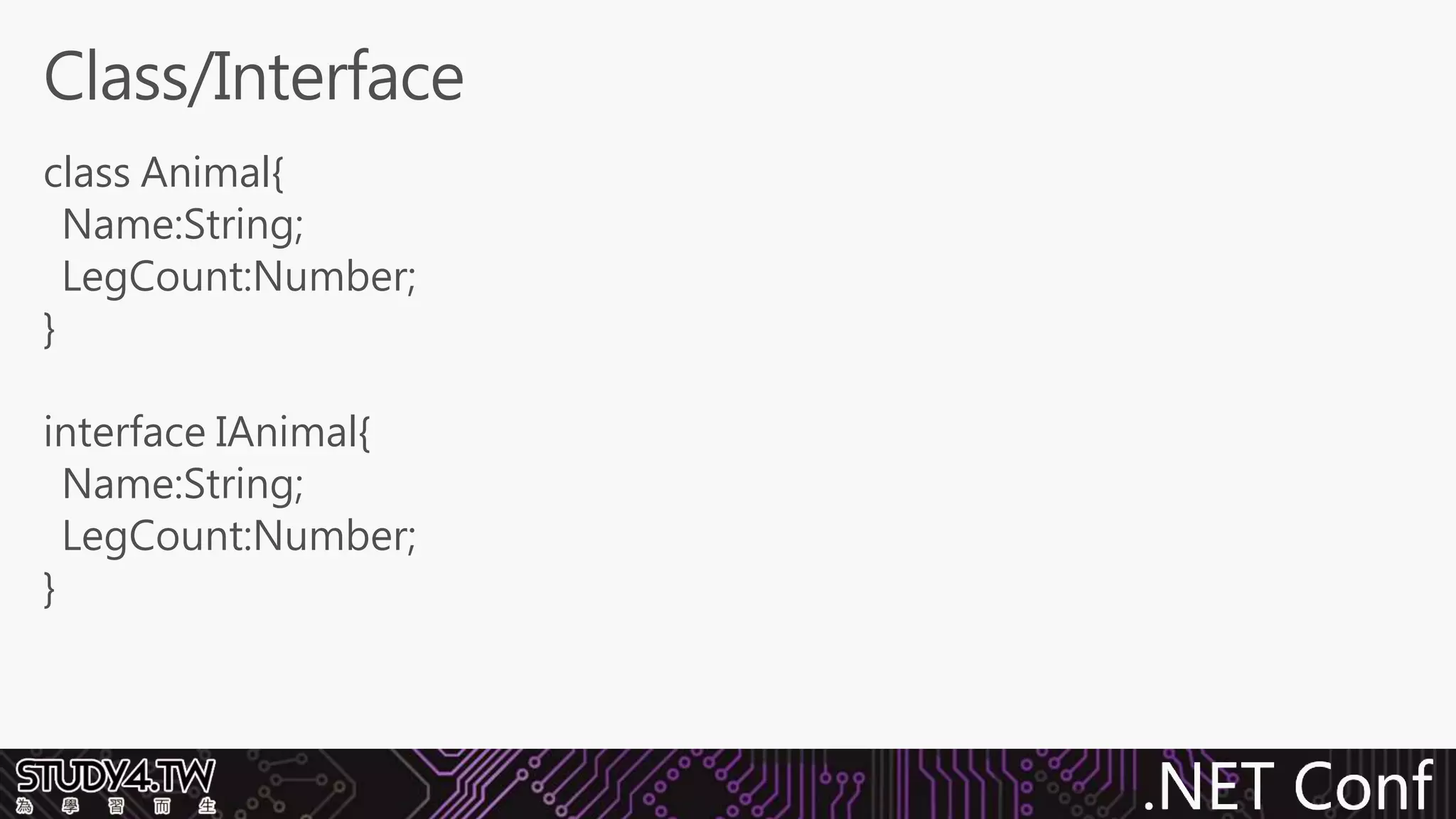 .NET Conf
class Animal{
Name:String;
LegCount:Number;
}
interface IAnimal{
Name:String;
LegCount:Number;
}
Class/Interface
 