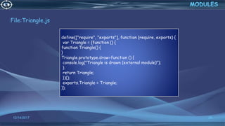 File:Triangle.js
12/14/2017 28
MODULES
define(["require", "exports"], function (require, exports) {
var Triangle = (function () {
function Triangle() {
}
Triangle.prototype.draw=function () {
console.log("Triangle is drawn (external module)");
};
return Triangle;
})();
exports.Triangle = Triangle;
});
 
