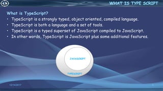 TYPESCRIPT
What is TypeScript?
• TypeScript is a strongly typed, object oriented, compiled language.
• TypeScript is both a language and a set of tools.
• TypeScript is a typed superset of JavaScript compiled to JavaScript.
• In other words, TypeScript is JavaScript plus some additional features.
12/14/2017 6
JAVASCRIPT
 