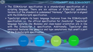  The ECMAScript specification is a standardized specification of a
scripting language. There are six editions of ECMA-262 published.
Version 6 of the standard is codenamed "Harmony". TypeScript is aligned
with the ECMAScript6 specification.
 TypeScript adopts its basic language features from the ECMAScript5
specification, i.e., the official specification for JavaScript. TypeScript
language features like Modules and class-based orientation are in line
with the EcmaScript 6 specification. Additionally, TypeScript also
embraces features like generics and type annotations that aren’t a part
of the EcmaScript6 specification.
12/14/2017 9
TYPESCRIPT AND ECMASCRIPT
ADDITIONAL
FEATURES
ECMASCRIPT5
ECMASCRIPT5 TYPESCRIPT
 