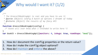 2018 Image Access Corp. All rights reserved WARNING: Once you go with TypeScript you won't go back to plain old JavaScript ever again; if unsure leave now
Why would I want it? (1/2)
function GreeceJSBookingApi(config) {
/* noone will ever know what I intended to write here */
}
var bookIt = GreeceJSBookingApi({monitors: 4, isHuge: true, roomShape: "oval"});
/**
* The GreeceJSBookingApi is cool and you have to use it
* @param {Object} config A bunch of options I dreamt of today
* @returns {Object} the results of my fancy API
*/
1. How do I document the config properties or the return value?
2. How do I make the config object optional?
3. How do I maintain and enforce the above?
 