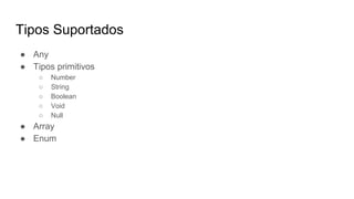 Tipos Suportados
● Any
● Tipos primitivos
○ Number
○ String
○ Boolean
○ Void
○ Null
● Array
● Enum
 