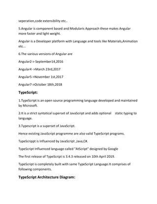 seperation,code extensibility etc..
5.Angular is component based and Modularis Approach these makes Angular
more faster and light weight.
Angular is a Developer platform with Language and tools like Materials,Animation
etc...
6.The various versions of Angular are
Angular2-> September14,2016
Angular4 ->March 23rd,2017
Angular5->November 1st,2017
Angular7->October 18th,2018
TypeScript:
1.TypeScript is an open source programming language developed and maintained
by Microsoft.
2.It is a strict syntatical superset of JavaScript and adds optional static typing to
language.
3.Typescript is a superset of JavaScript.
Hence existing JavaScript programme are also valid TypeScript programs.
TypeScrippt is Influenced by JavaScript ,Java,C#.
TypeScript Influenced language called "AtScript" designed by Google
The first release of TypeScript is 3.4.3 released on 10th April 2019.
TypeScript is completely built with same TypeScript Language.It comprises of
following components.
TypeScript Architecture Diagram:
 