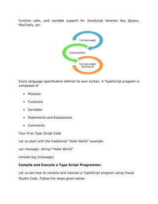function calls, and variable support for JavaScript libraries like jQuery,
MooTools, etc.
Every language specification defines its own syntax. A TypeScript program is
composed of
• Modules
• Functions
• Variables
• Statements and Expressions
• Comments
Your First Type Script Code
Let us start with the traditional “Hello World” example
var message: string=”Hello World”
console.log (message)
Compile and Execute a Type Script Programme:
Let us see how to compile and execute a TypeScript program using Visual
Studio Code. Follow the steps given below
 