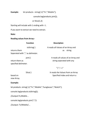Example: let products : string[ ]=["Tv","Mobile"];
console.log(products.join());
or Slice(1,3)
Starting will include with 1 ending with -1 .
If you want to extract we need to extract.
Note:
Reading values from Array:-
Function Description
toString( ) It reads all Values of an Array and
returns them as string
Seperated with "," as delimeter.
join( ) It reads all values of an Array and
return them as string seperated with any
specified delimeter.
"|","-->"
Slice( ) It reads the Values from an Array
based on Specified index and return a
new Array.
Example:
let products :string[ ]=["Tv","Mobile","Sunglasses","Watch"];
console.log(products.toString());
//output:Tv,Mobile...
console.log(products.join("|"))
//output: Tv/Mobile/...
 