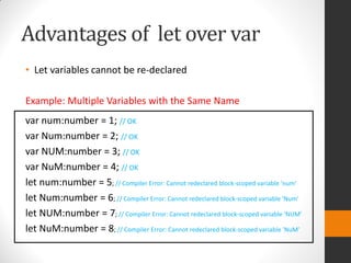 Advantages of let over var
• Let variables cannot be re-declared
Example: Multiple Variables with the Same Name
var num:number = 1; // OK
var Num:number = 2; // OK
var NUM:number = 3; // OK
var NuM:number = 4; // OK
let num:number = 5; // Compiler Error: Cannot redeclared block-scoped variable 'num'
let Num:number = 6; // Compiler Error: Cannot redeclared block-scoped variable 'Num'
let NUM:number = 7; // Compiler Error: Cannot redeclared block-scoped variable 'NUM'
let NuM:number = 8; // Compiler Error: Cannot redeclared block-scoped variable 'NuM'
 