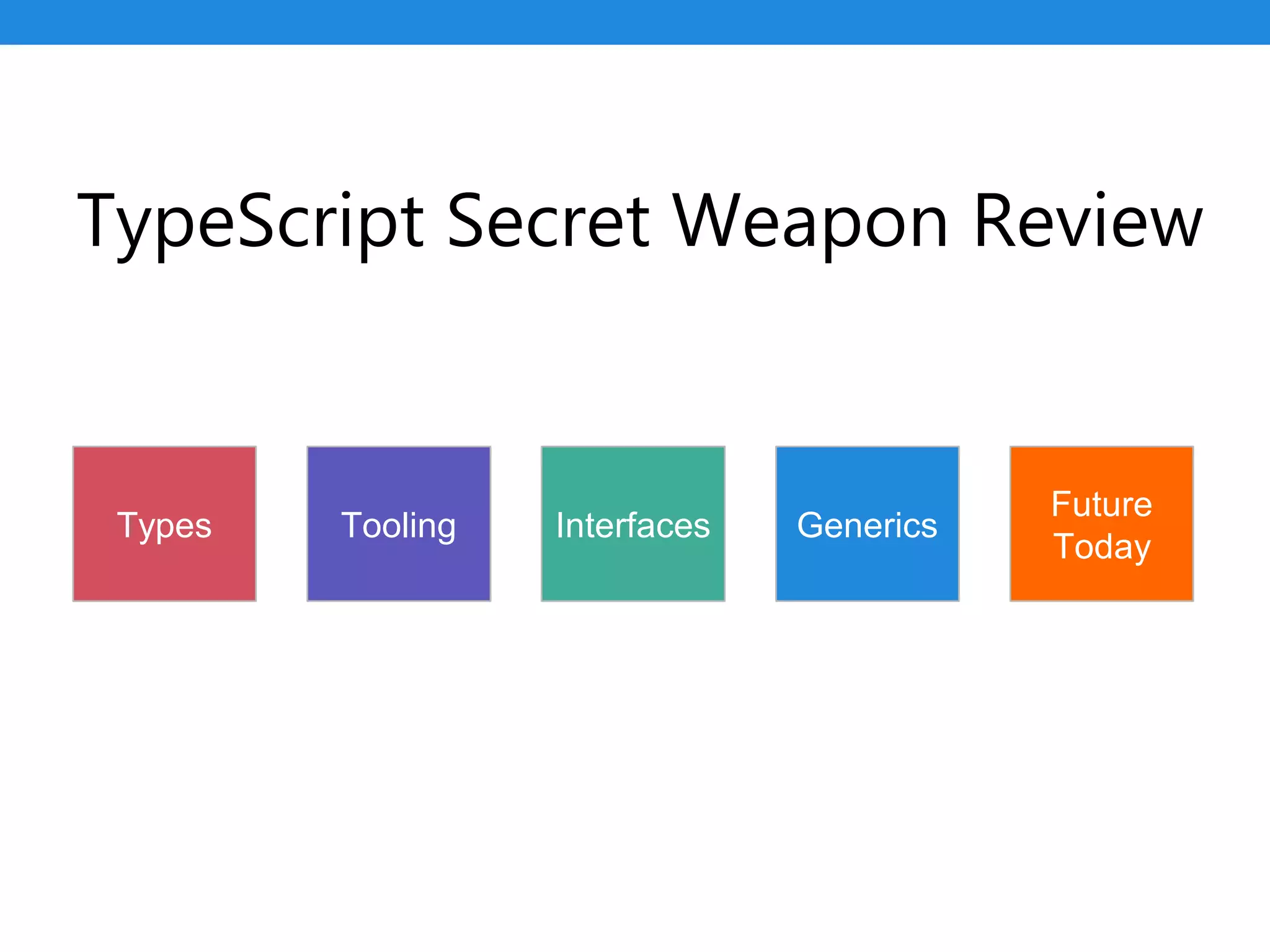 TypeScript Secret Weapon Review
Types Tooling Interfaces Generics
Future
Today
 