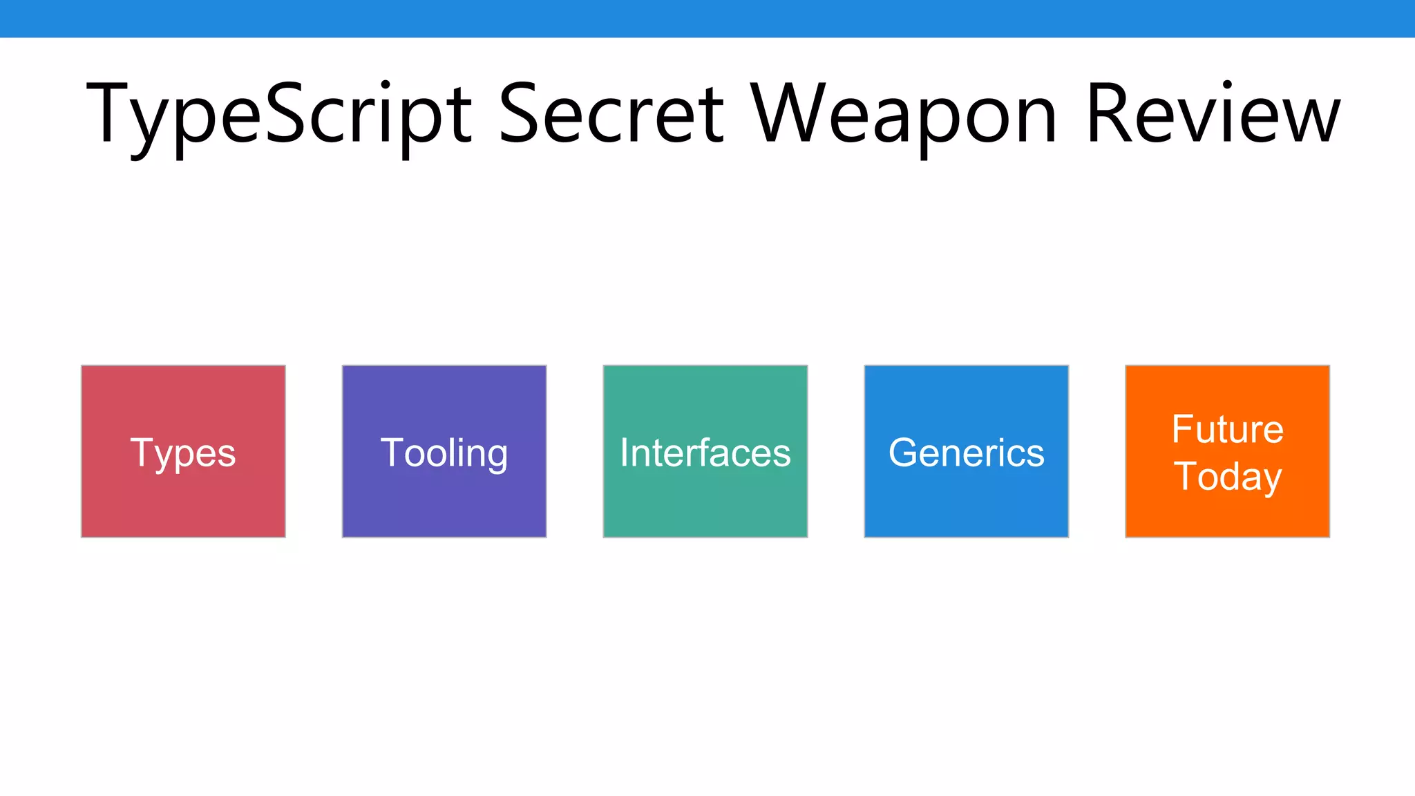 TypeScript Secret Weapon Review
Types Tooling Interfaces Generics
Future
Today
 