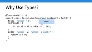 Why Use Types?
@Component({...})
export class CalculatorComponent implements OnInit {
total: number = 0;
add(x: number, y: number) : number {
return x + y;
}
}
ngOnInit() {
this.total = this.add('26', 20);
}
Oops!
 